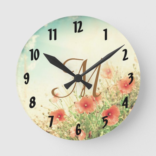 Flores salvajes rosadas Monograma reloj de pared i (Anverso)