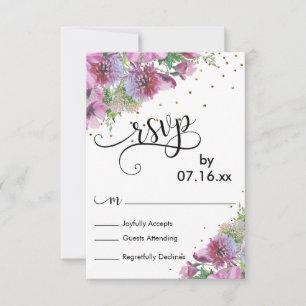 Flores silvestres acuarela, confeti dorado, RSVP e