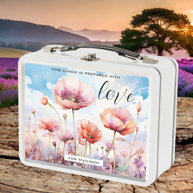 Flores silvestres acuáticas artísticas (Lunch Box featuring a watercolor painting of wildflowers and poppies)