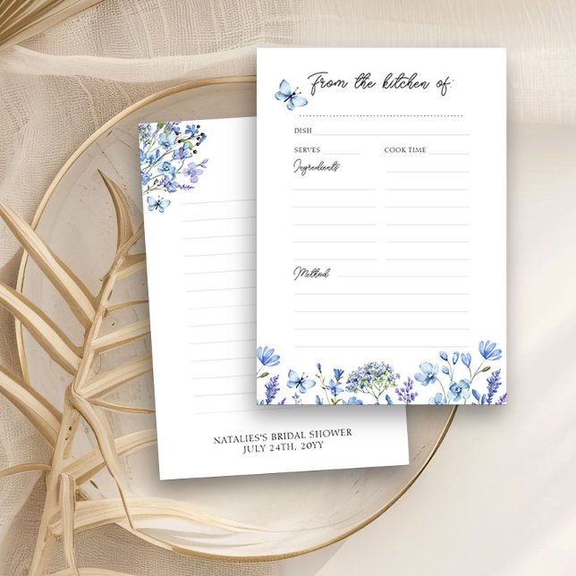 Flores Silvestres Azules Tarjeta de Receta Floral  (Recipe Cards to share a favorite dish with the bride - Blue Wildflower Bridal Shower Collection
)