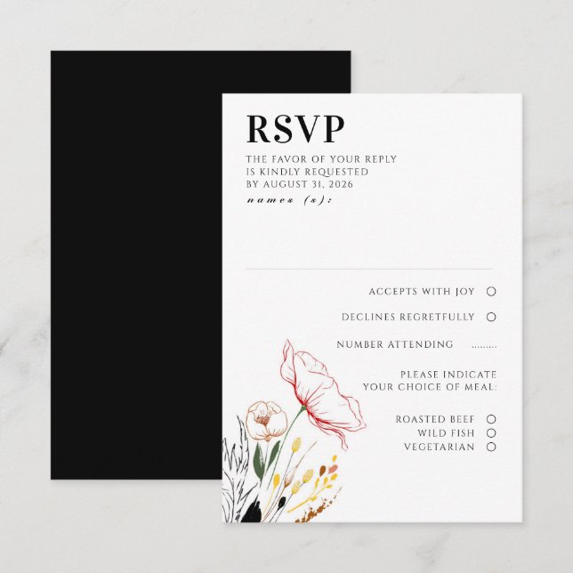 Flores silvestres Boho Black Elegant Wedding RSVP (Anverso / Reverso)