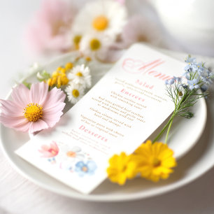 Flores silvestres color agua Elegante menú Boda Bo