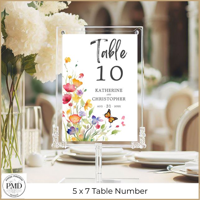 Flores Silvestres Coloridas Número de Mesa de Boda (Colorful Wildflowers Elegant Wedding Table Number 5x7 with Optional Guest Names on Back.)