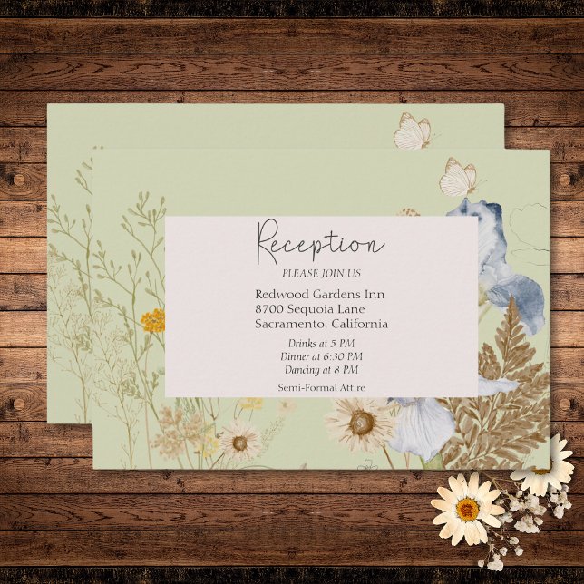 Flores silvestres en la recepción de la boda de sa (Wildflowers on Light Sage Wedding Reception Enclosure Card)
