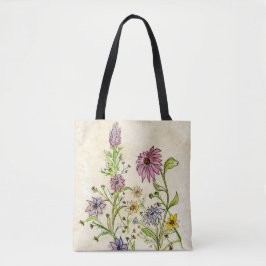 Flores silvestres en una bolsa de mano