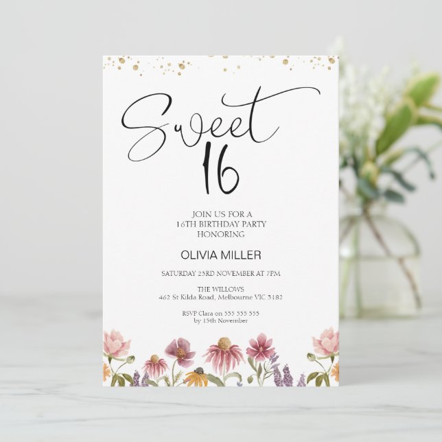 Flores silvestres modernas Invitación a cumplir 16 (Anverso de pie)
