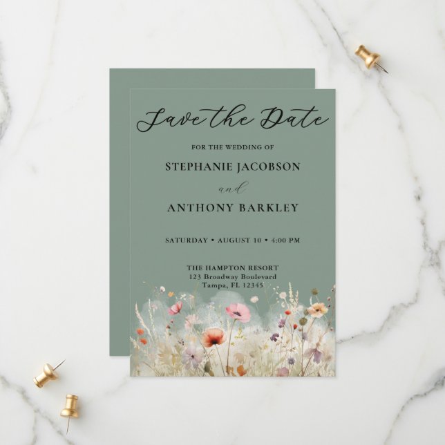 Flores silvestres verde Guardar la tarjeta Boda de (Anverso/Reverso In Situ)