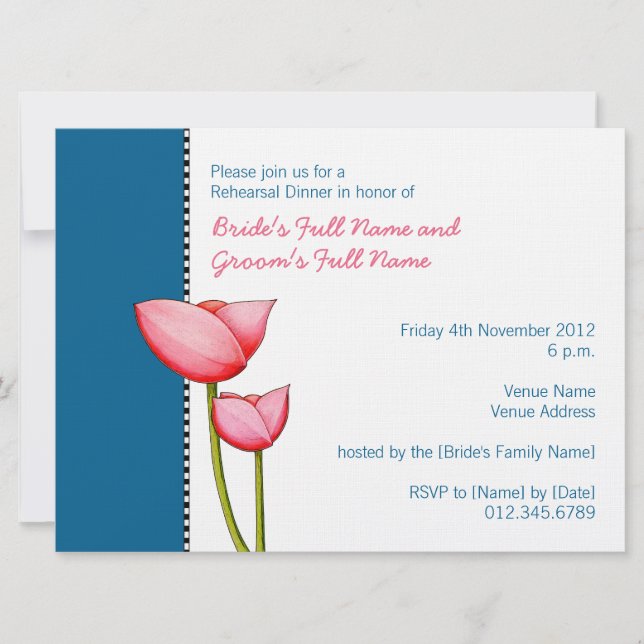 Flores simples azul 2 Invitación a la cena de ensa (Anverso)
