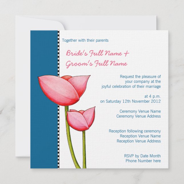 Flores simples azul 2 Invitación de matrimonio (Anverso)