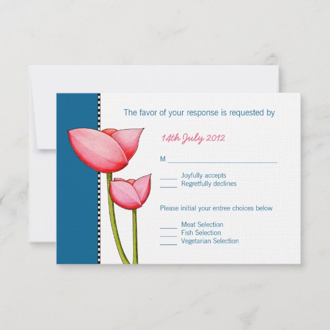 Flores simples azul tarjeta RSVP de 2 bodas (Anverso)