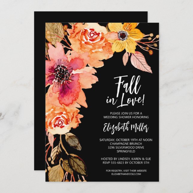 Flores sobre invitaciones de ducha de novias negra (Anverso / Reverso)