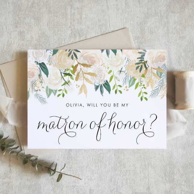 Flores suaves de marfil serán mi señoría de honor (Will you be my matron of honor? Floral Matron of Honor Proposal Card featuring soft ivory flowers.)