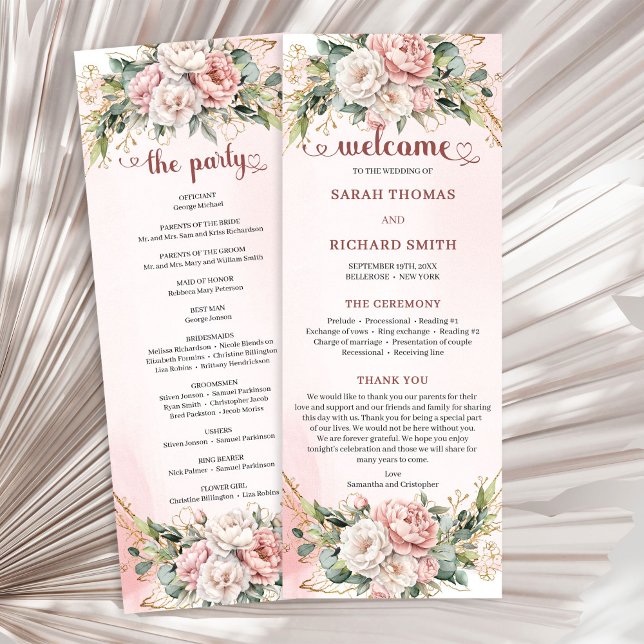 Flores suaves de rosa pálido Eucalipto Programa de (Soft Blush Pink Flowers Eucalyptus Wedding Program)