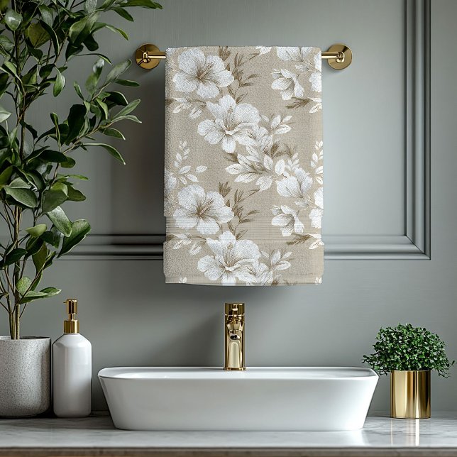 Flores tropicales blancas decoración elegante beig (White tropical flowers taupe beige stylish decor bath towel

)