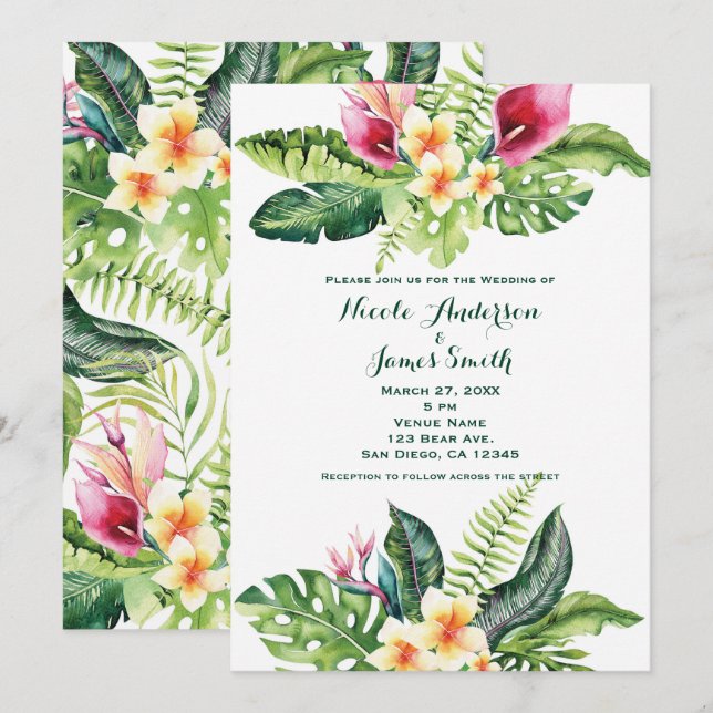 Flores tropicales dejan invitaciones de boda flora (Anverso / Reverso)