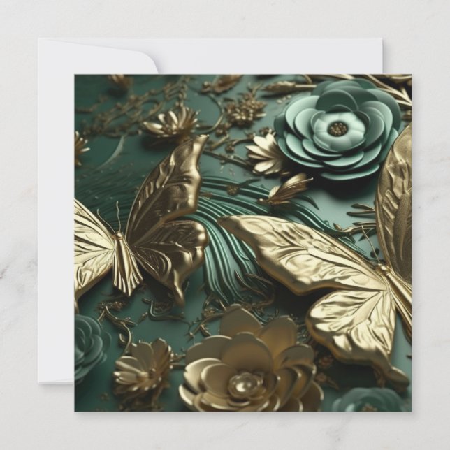 Flores verdes profundas 3D y mariposas de oro pers (Anverso)