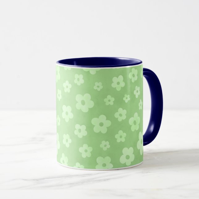 Flores verdes y blancas taza de té con mango azul (Anverso derecho)