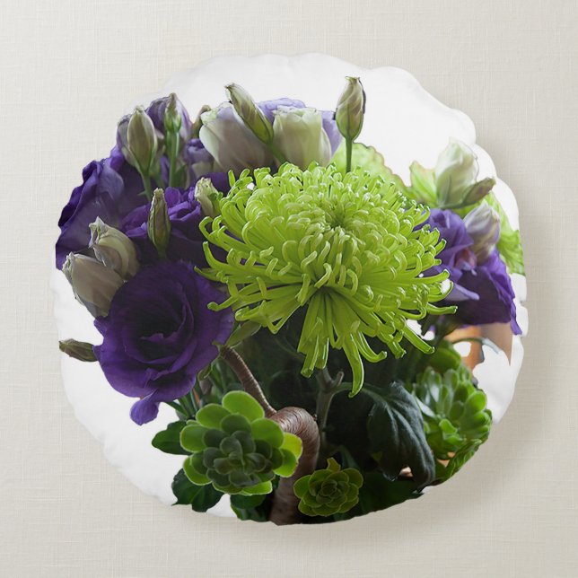 flores verdes y moradas cojín redondo (Anverso)