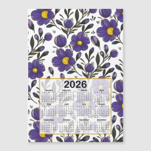 Flores violetas azules del calendario 2026 con hoj