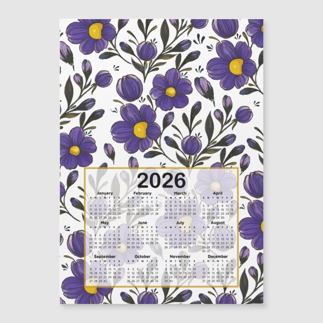 Flores violetas azules del calendario 2026 con hoj (Anverso)