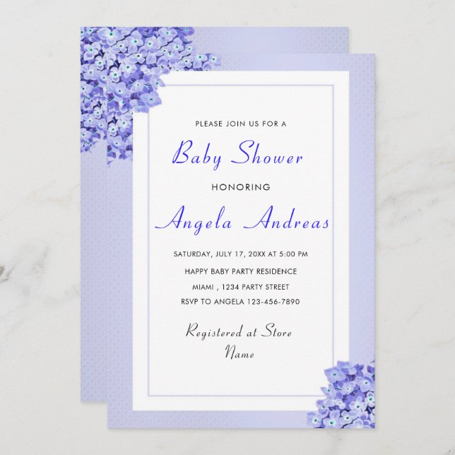 Flores Violetas Bebé Chica Invitación A Ducha Cató (Anverso / Reverso)