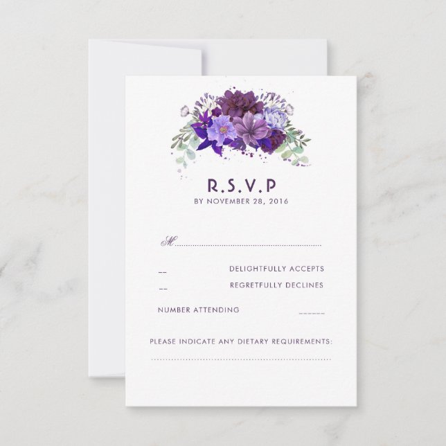 Flores violetas de ciruela elegante Boda RSVP (Anverso)