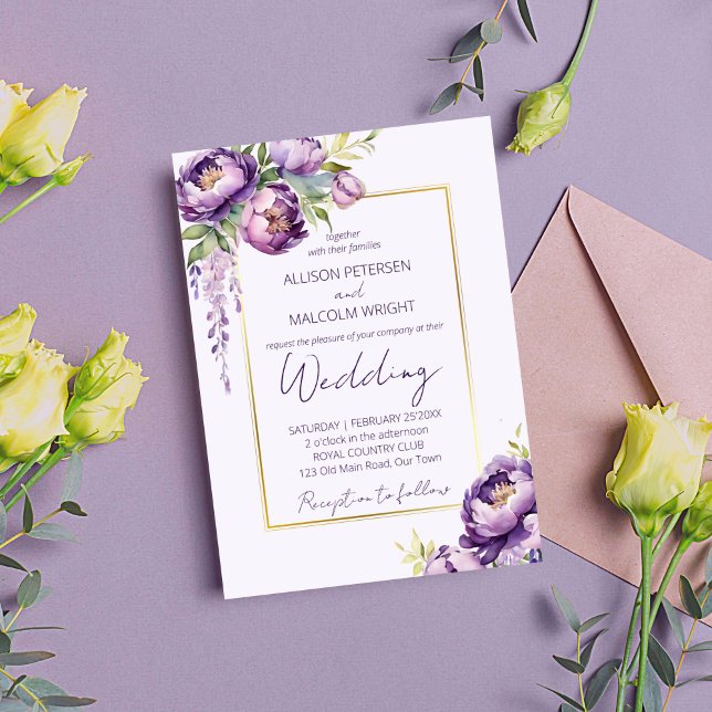 Flores violetas elegantes todo con una plantilla d (Elegant purple watercolor peonies wisteria wedding editable template invitation digital download)
