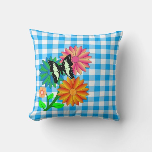 Flores y almohada de mariposa azul Vichy (Anverso)