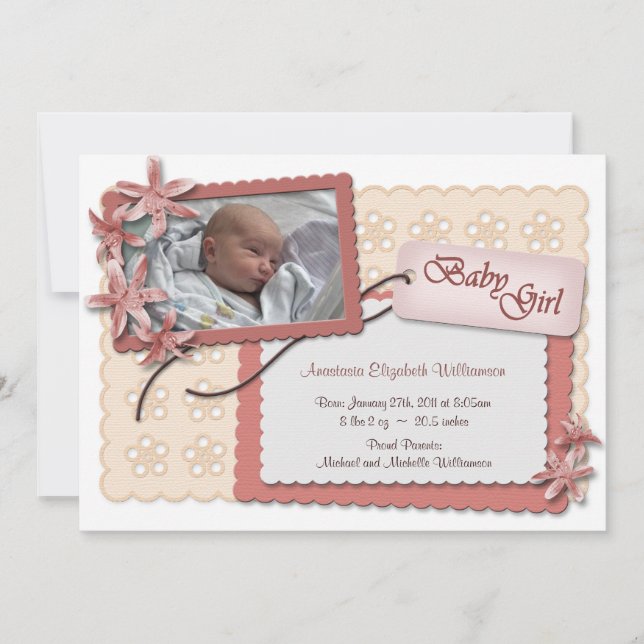 Flores y anuncios de nacimientos rosas de encaje (Anverso)