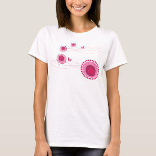 Flores y camiseta punteadas rosa de los pájaros
