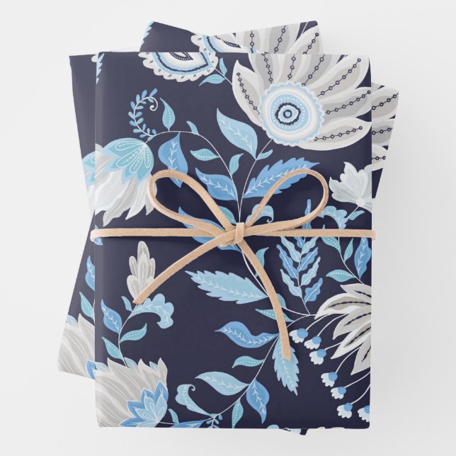 Flores y hojas de paisley azul abstracto (In situ)