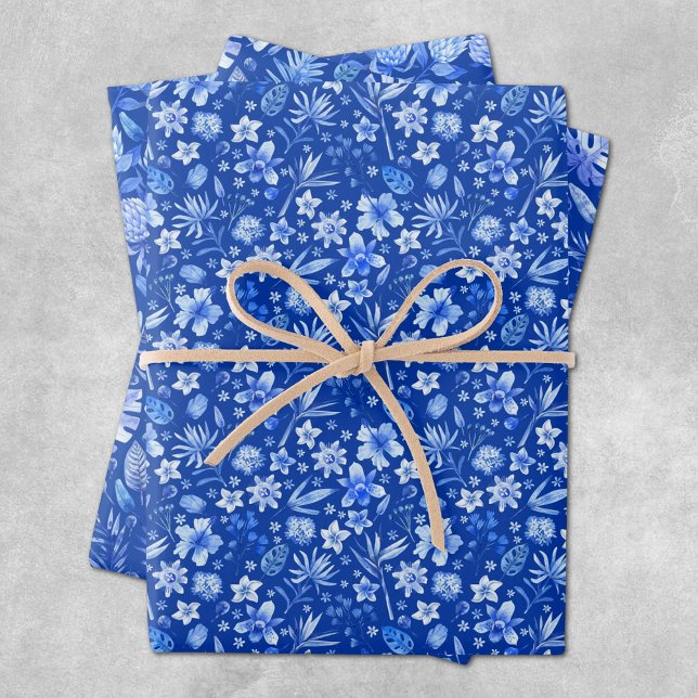 Flores y Hojas Tropicales Azul Cobalto 3 Patrones (Subido por el creador)
