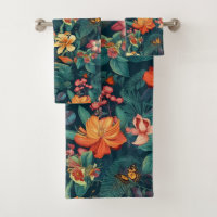 Flores y hojas tropicales con mariposas