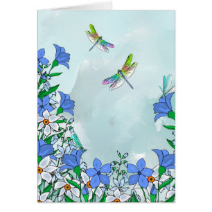 Flores y libélulas azules