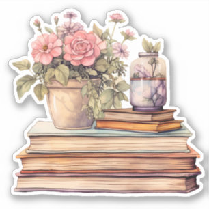 Flores y libros Pegatina Pastel de acuarela