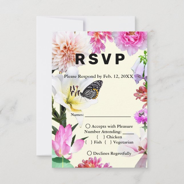 Flores y mariposa acuarela Boda RSVP y Menú (Anverso)