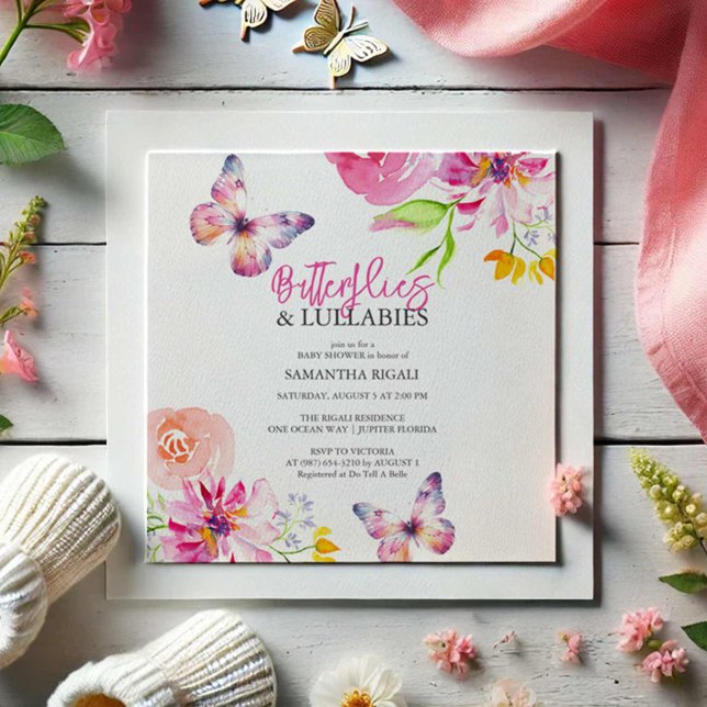 Flores y mariposa invitaciones a ducha para bebés (Butterfly baby shower invitations watercolor art by Victoria Grigaliunas Do Tell A Belle)