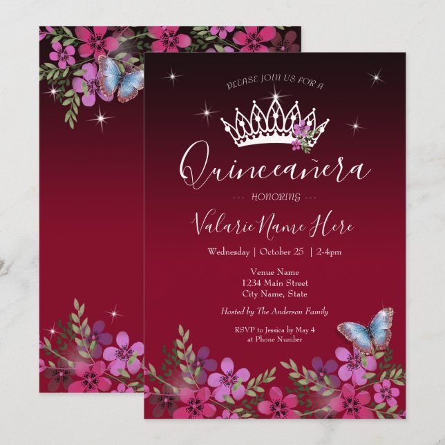 Flores y mariposa Quinceanera Invitación (Anverso / Reverso)