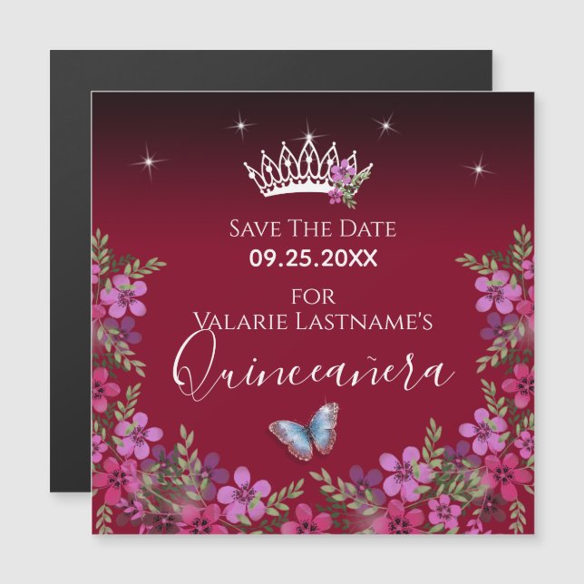 Flores y mariposa Quinceanera Salven la fecha (Anverso/Reverso)