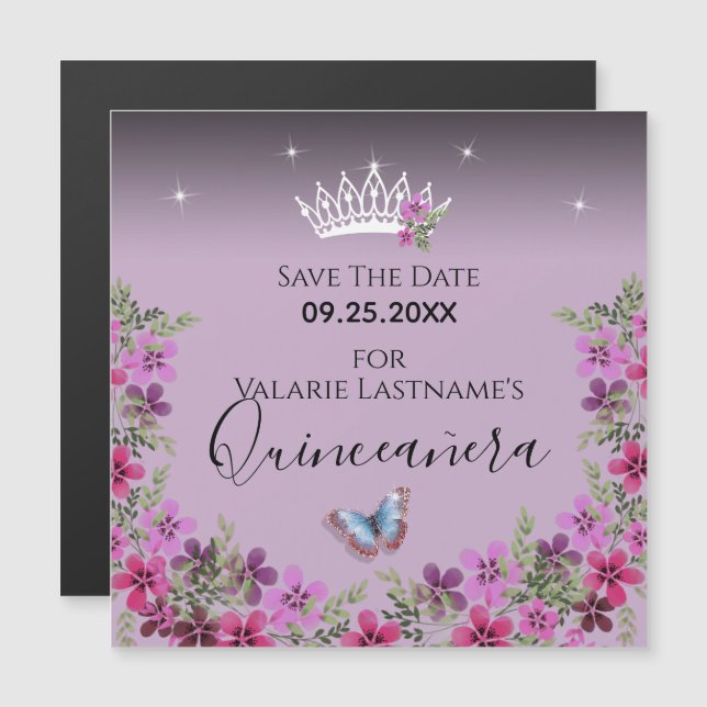 Flores y mariposa Quinceanera Salven la fecha (Anverso/Reverso)