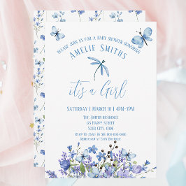 Flores y mariposas azules delgadas Invitación