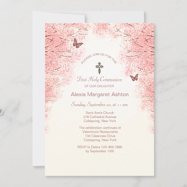 Flores y mariposas Invitación religiosa (Anverso)