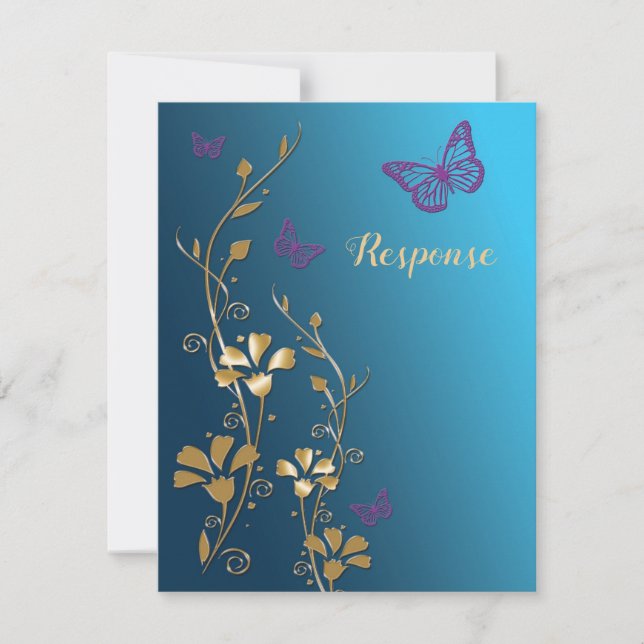 Flores y Mariposas Teal, Oro, Púrpura RSVP (Anverso)