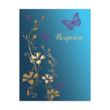 Flores y Mariposas Teal, Oro, Púrpura RSVP