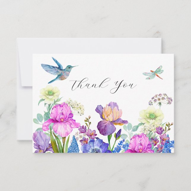 Flores y pájaro colibrí Agradecimiento acuarela  (Anverso)