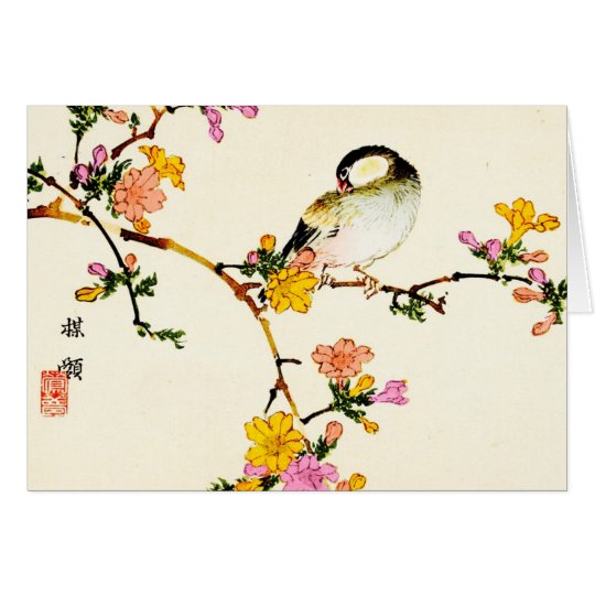 Flores y pájaro coloridos japoneses tarjeta de felicitación