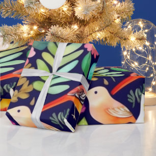 Flores y pájaros vivos y coloridos Papel envuelto