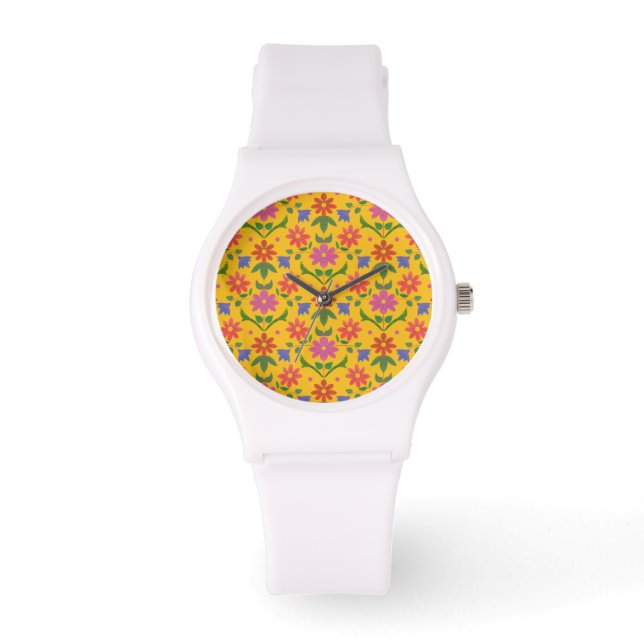 Flores y puntos de polka en reloj de pulsera depor (Anverso)