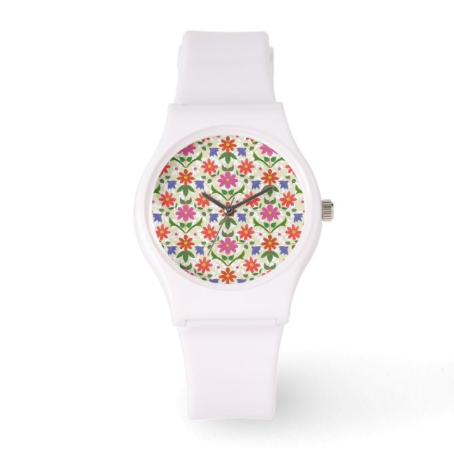 Flores y puntos de polka en un reloj de pulsera es (Anverso)