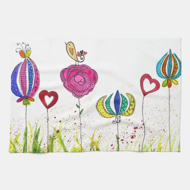 Flores y toalla de cocina de aves (Horizontal)